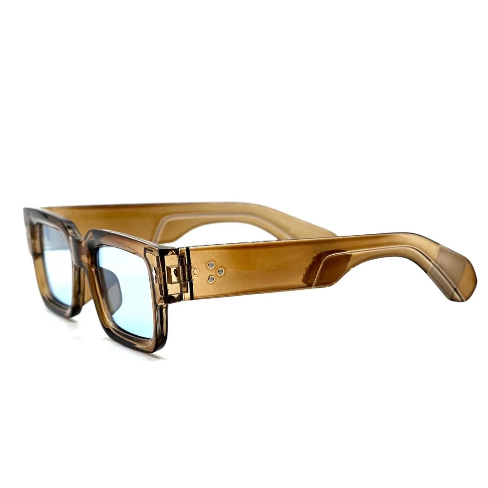 Stylish Mens Sunglasses Translucent Brown Frame Blue Lens Rectangular Modern New